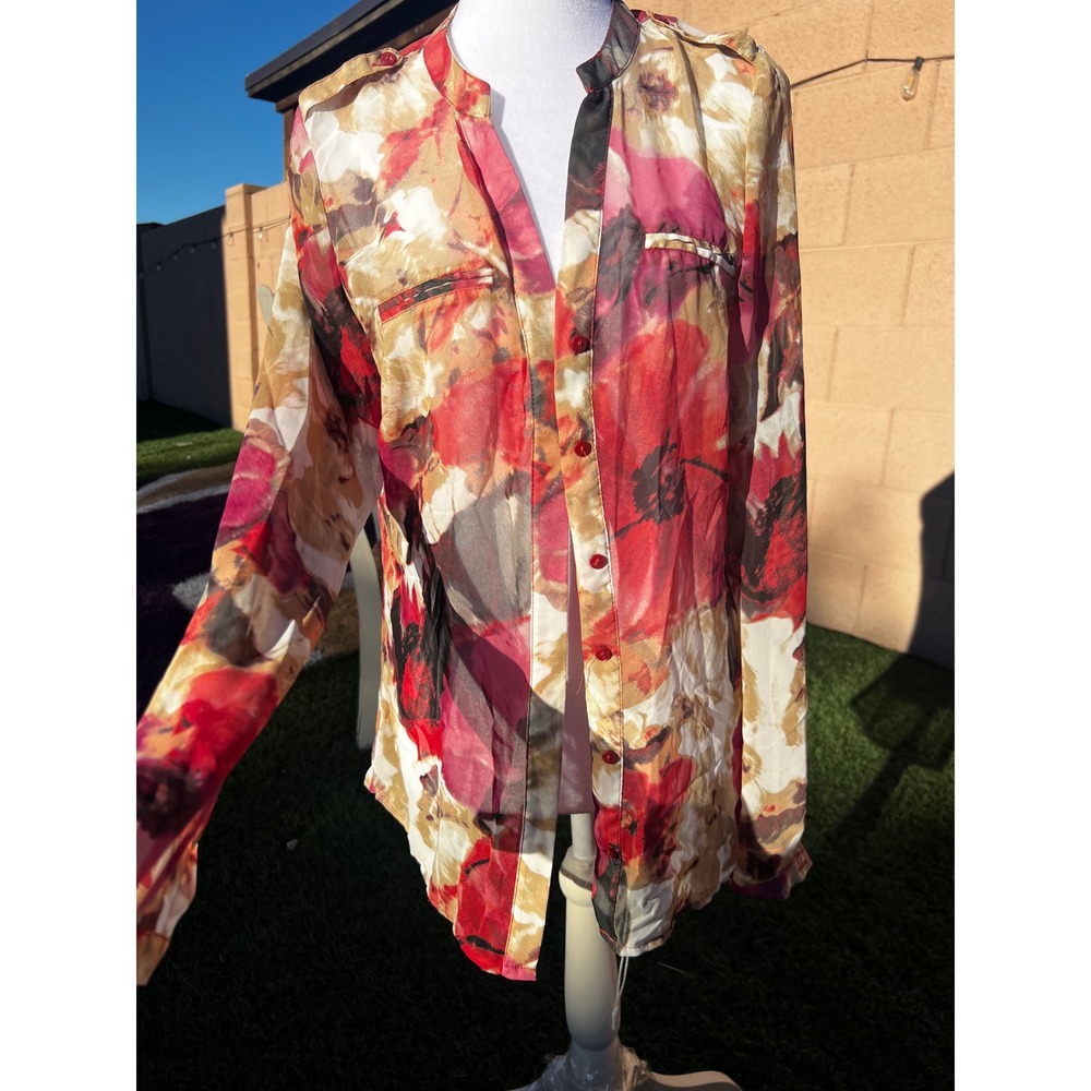 East 5th Womens Red Floral Mandarin Collar Button Down Blouse Medium Long Sleeve